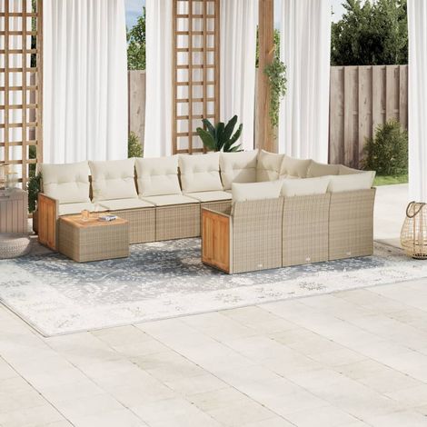 11-tlg. Garten-Sofagarnitur mit Kissen Beige Poly Rattan (1/3)