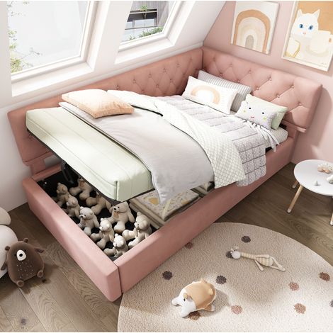 MEUBLIV Lit banquette en velours rose 90 x 190 cm avec rangement hydraulique et tête de lit réversible (1/4)
