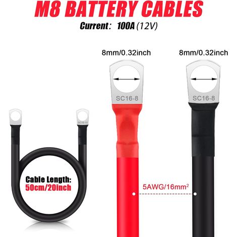 JatilEr 2 Cables De BateríA 12 V M8, 50 cm, 16 mm, Cobre Puro, Resistentes, Para Motocicleta, BateríA Solar
