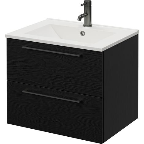 Napoli 460 Nero Oak 600mm Wall Mounted 2 Drawer Vanity Unit with Angel Basin - 600mm - Gunmetal Grey 320mm Handle