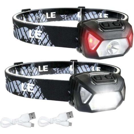 Set mit 2 wiederaufladbaren LED-Stirnlampen, 300 Lumen, weißes und rotes Licht, 6 Leuchtmodi, IPX4, geeignet für Radfahren, Camping, Wandern und Heimwerkerprojekte – 2er-Set
