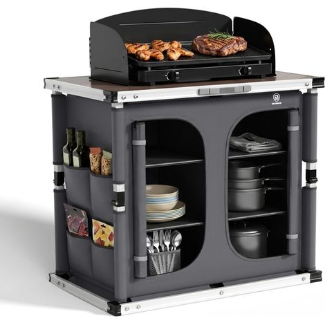 Cuisine de camping XXL pliable avec protection contre le vent - Auvent pliable avec cadre en aluminium et sac de transport - Étagère de camping - Meuble de cuisine (1/5)