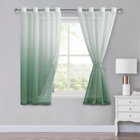 Lot de 2 rideaux en voile avec œillets - Dégradé de couleur - Pour chambre à coucher et salon - Avec embrasses - 145 x 140 cm - Vert sauge (1/5)