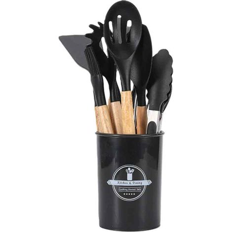 Ensemble de 12 ustensiles de cuisine, revêtement antiadhésif, silicone, manche en bois, avec boîte de rangement (1/5)