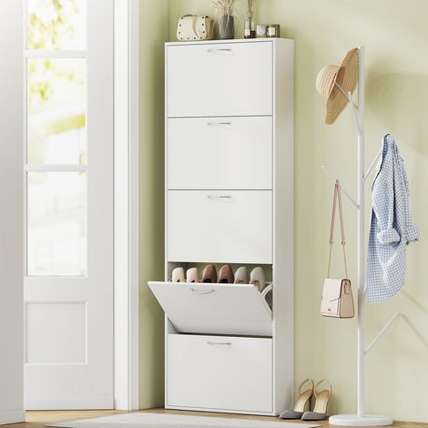 Meuble à chaussures 15 paires, armoire à chaussures étroite moderne avec 5 tiroirs rabattables, 65 x 17 x 180,5 cm blanc (1/5)