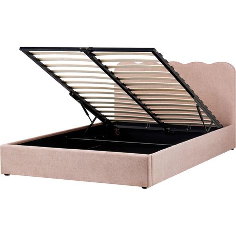 Letto in tessuto rosa pastello 160 x 200 cm contenitore elevabile con testiera e rete a doghe (1/5)