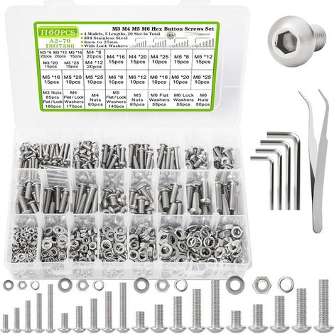 Kit de 1160 vis et écrous métriques argentés, comprenant les tailles M3, M4, M5 et M6, en acier inoxydable 304, avec tête hexagonale bombée.