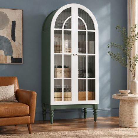 Vitrina alta con puertas dobles de vidrio estriado, 3 niveles y arco decorativo verde, 76 × 38,5 × 165 cm – CHICFURN para salón, comedor o recibidor (1/5)