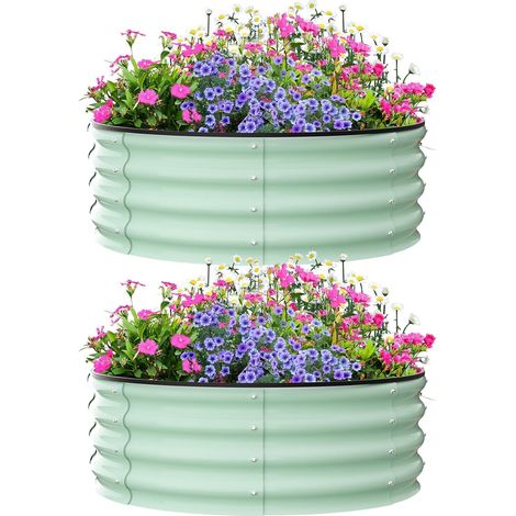 2-teiliges verzinktes Hochbeet-Set, 30 cm hoch, Aluzink Metall, 90cm, runde Pflanzkästen für Gemüse, Blumen und Kräuter, für den Außenbereich, 90x90x30cm,Olivgrün (1/5)