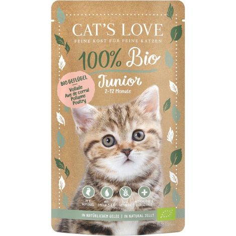 CAT'S LOVE 100% Biologico Bustina per gatti 100g - Junior Bio Poultry - pollame biologico in gelatina naturale 100g (1/3)
