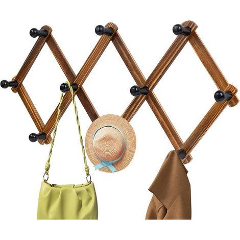 10 ganchos - Perchero de pared extensible - Madera - Color nogal - Estilo retro - Para abrigos, sombreros y tazas (1/5)