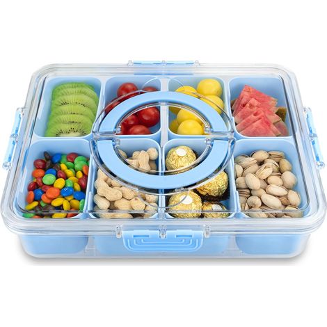 Serviertablett mit Fächern, Deckel und Griff, 8-Fächer-Snackbox, Obst- und Gemüsetablett, tragbares Tablett für Süßigkeiten, Trockenfrüchte, Snacks, Partys, Picknicks (blau) (1/5)