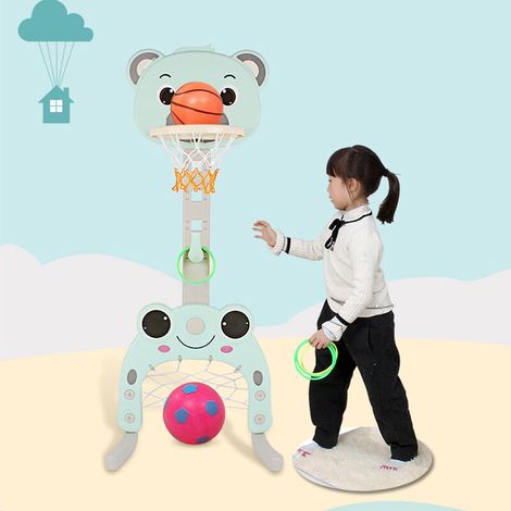 Support de Basket Multifonctionnel pour Enfant avec Panier de Basket-Ball Réglable, But de Football et Anneau à Lance, Basket-Ball et Football Inclus, Hauteur Ajustable, Vert (1/5)