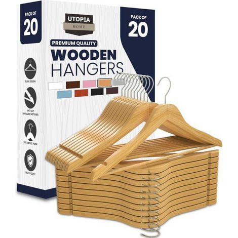 Lot de 20 Cintres, Barre pantalon, Rainures épaules, Bois naturel, Rotation 360 degrés, Garde-robe. (1/5)