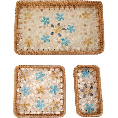 Corbeille en rotin rectangulaire 3 pièces, plateau à fruits multifonction pour maison et restaurant, motif fleuri jaune et bleu (1/5)