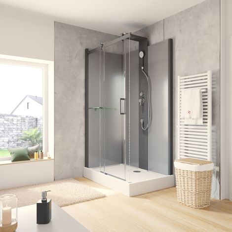 Wellnesskabine Schiebetür Korsika von Schulte, Komplettkabine, 6 mm starkes Sicherheitsglas ESG Klar hell, Rückwände 5 mm ESG Schwarz, Profilfarbe: Schwarz, 120 x 80 x 220 cm