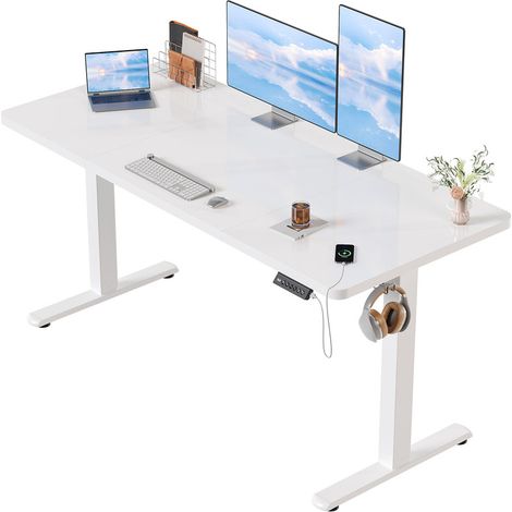 Devoko – Bureau assis debout électrique réglable 73-118 cm – Chargeur USB – Smart Panel avec mémoire – 140 x 60 cm – Blanc
