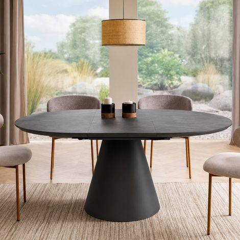 Table ronde extensible 120 cm gris effet marbre avec pied noir mat Sorin (1/5)