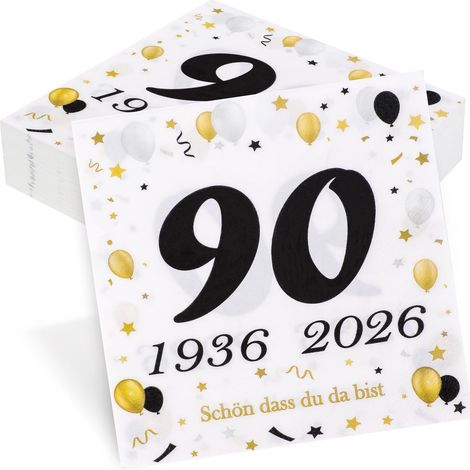 Lot de 50 serviettes de table pour 90e anniversaire 90 ans Décoration de table en noir et doré 1936-2026 (1/4)