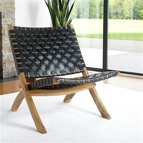 Fauteuil en cuir noir et bois de teck MENDOZA (1/3)