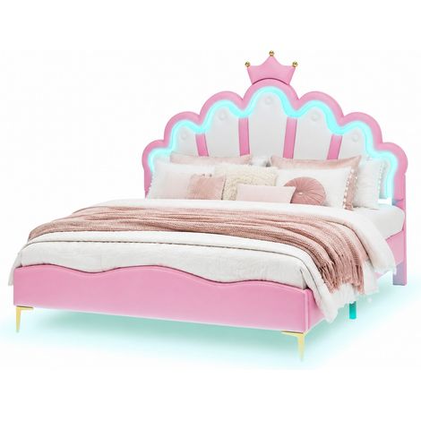Letto matrimoniale 140x200 cm imbottito rosa con testiera a corona e forme a nuvola, LED regolabile con app, altezza regolabile e struttura in MDF – CHICFURN (1/5)
