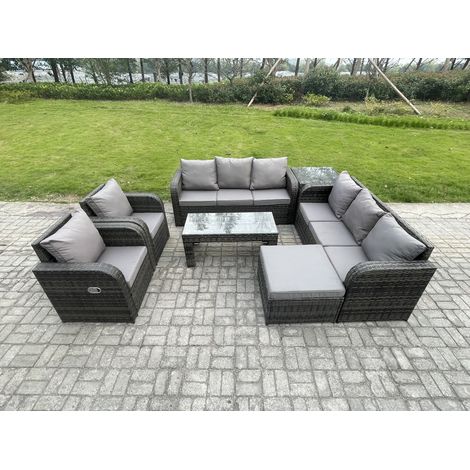Fimous Polyrattan Sofa Set Outdoor Patio Gartenmöbel mit Liegestühle Couchtisch Beistelltisch 2 Großer Hockern Dunkelgrau Gemischt (1/5)