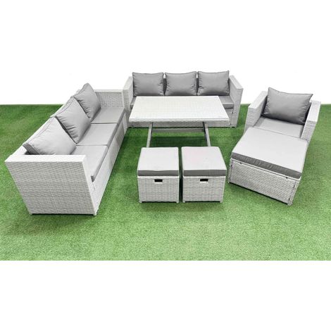 Fimous Outdoor Rattan Garden Furniture Dining Set 10-seater Patio Rectangular Table 3 Seater Sofa Armchair Set with 3 Stools (1/4)