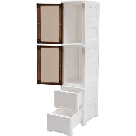 Nischenschrank mit Rollen, 4-Stufiger Aufbewahrungsschrank Badezimmerschrank mit 2 Schubladen und 2 Fächern, Schmales Regal aus PP-Kunststoff, Nischenregal 25 cm Breit, 25 x 38 x 114 cm