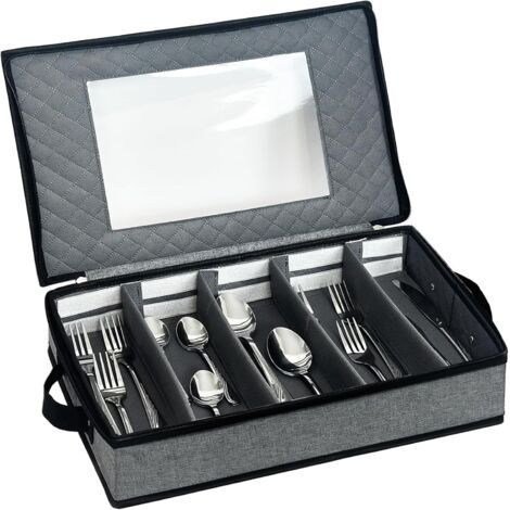 Besteckkasten mit Deckel für Schublade, Küchenbesteckbox mit verstellbaren Fächern, Aufbewahrung für Camping, Reisen und Kochen, Grau