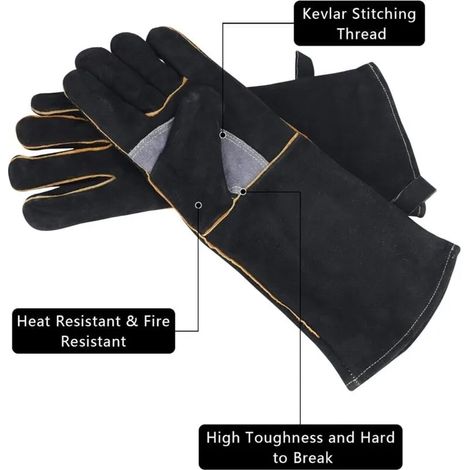 Gants ignifuges haute température, cuir véritable avec coutures kevlar, idéaux pour cheminée, poêle, four, barbecue, soudure et grill, résistants à la chaleur extrême (1/4)