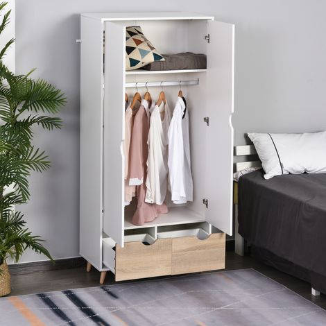 Armoire en bois à deux portes avec 1 étagère - 2 tiroirs avec poignées sculptées - 1 porte-manteau - blanc 80x40x180cm