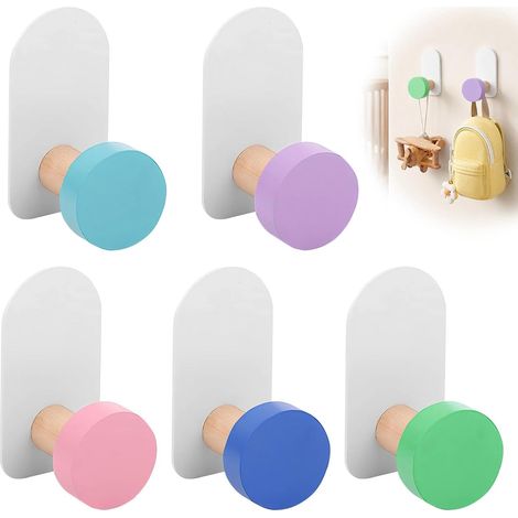 5 Pièces Crochets Muraux Colorés Autocollants, Porte Manteau Mural Sans Percage, Crochet Porte Manteau en Bois et Métal 64x35x34 mm pour Chambre Enfant Salle de Bain Cuisine (1/5)