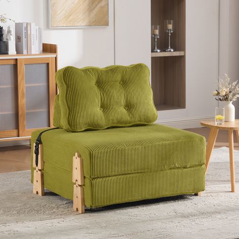 Fauteuil Convertible 1 Place, Dossier Rembourré Ergonomique et Fonction Lit, Pieds en Bois, Velours Côtelé Olive (1/5)