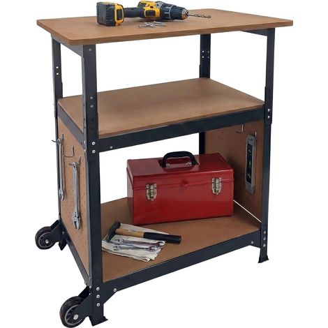 Banco da lavoro Relaxdays, con rotelle, A x L x P: 69,5x72,5x50 cm, regolabile, pannello forato, acciaio/MDF, nero