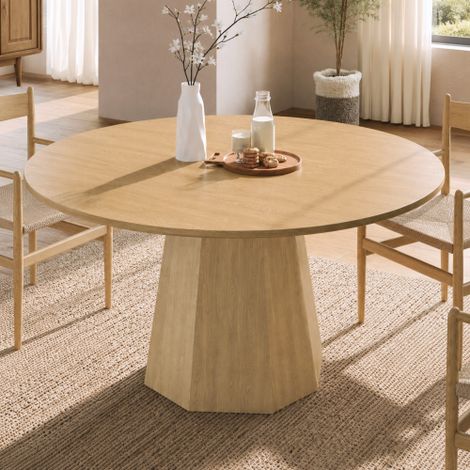 Table à manger ronde, 120 x 120 cm, pour 4 à 6 personnes design classique, style scandinave minimaliste, finition chêne. (1/5)