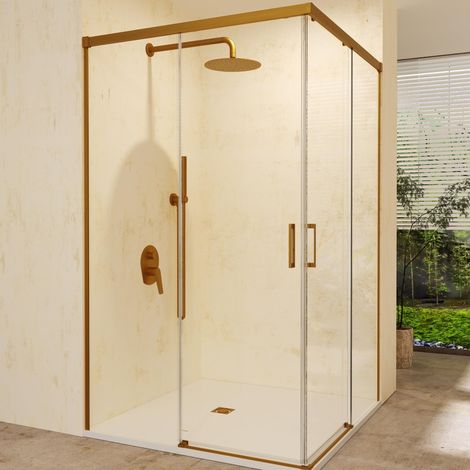 IMEX - Mampara Angular 2 Fijas + 2 Correderas Serie Stylo Oro Cepillado 100x70 cm (1/5)