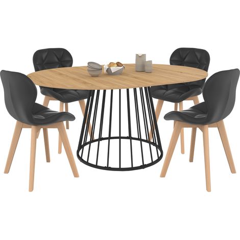 Set ausziehbarer runder Esstisch YUNA mit Holzplatte und Metalldrahtfuß 110-150 cm und 4 Stühlen ROBINE aus schwarzem PU