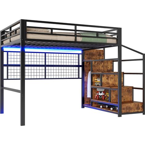 Lit mezzanine 140 x 200 cm, cadre en fer, armoire, échelle de rangement, grille pour suspendre des objets, espace libre sous le lit, LED 7 couleurs, sans matelas, noir