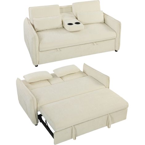 3-in-1 Verstellbares Schlafsofa, Zweisitzer mit Getränkehaltern, verstellbarer Rückenlehne und Seitentaschen, Beige