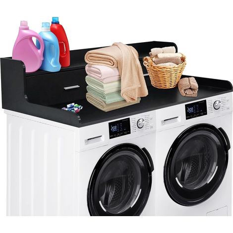 Plateau 2 niveaux noir pour lave-linge sèche-linge 137,16 × 69,98 cm, rebords 6,99 cm et patins antidérapants, surface pour plier le linge (1/5)