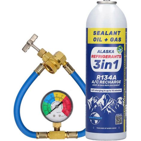 3en1 Alaska Refrigerants Réfrigérant de remplacement R134a, huile PAG 100, colmatant de fuites + tuyau et manomètre