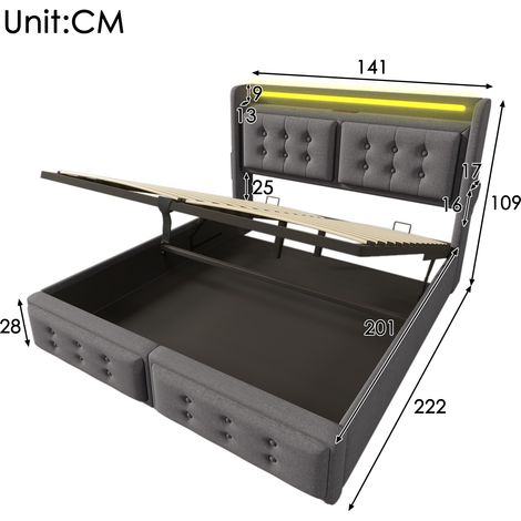 Lit rembourré 140x200, lit double avec tête de lit LED et fonction de charge USB C, lit hydraulique avec base à lattes en bois et cadre métallique, capacité de charge 300 kg, gris, coton (sans matelas (1/5)