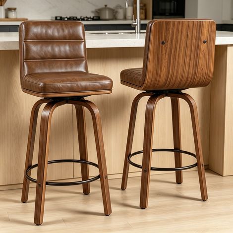 Tabouret de bar pivotant 360° en PU, pieds en hêtre courbés, marron rougeâtre HAVRYA (1/5)