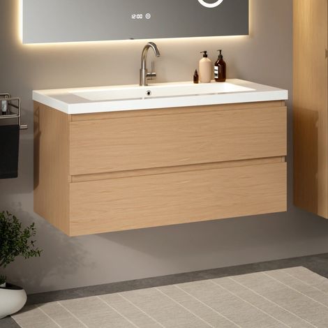 Badezimmermöbel Sena – 100 cm – Helle Eiche – Weißes Waschbecken (1/4)