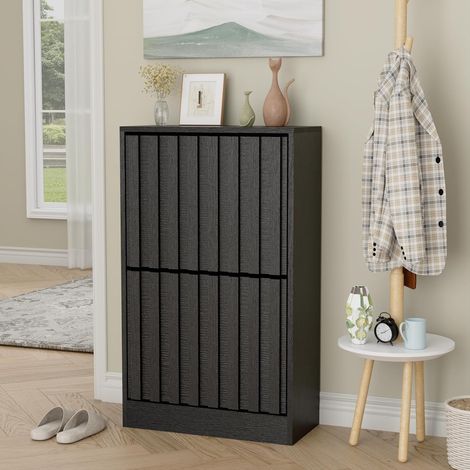 UEV Scarpiera Ingresso con 2 Cassetti di Deisgn a Strisce, Scarpiera Soggiorno Combia Eleganza e Praticità, Mobiletto per Scarpe Stabile e Sicuro con Design Antiribaltamento, 52 x 24 x 86,5 cm, Nero
