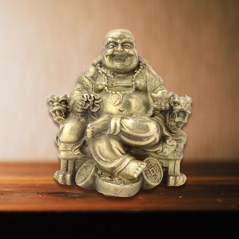 Statue du Bouddha Maitreya en cuivre pur, Bouddha sur trône de dragon, image du Bouddha Maitreya, lingot d'or, symbole de richesse et de prospérité, décoration intérieure.
