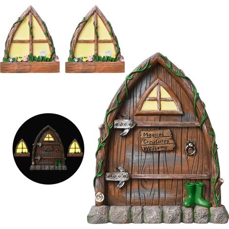 Puerta de hadas, puerta de gnomo, 1 puerta de gnomo + 2 ventanas de gnomo, decoración de jardín que brilla en la oscuridad, puerta de jardín de hadas, puerta de elfo en miniatura, puerta de gnomo, ven (1/5)