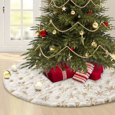 Jupe de sapin ronde blanche 120 cm, paillettes flocon, tapis enneigé de Noël (1/5)