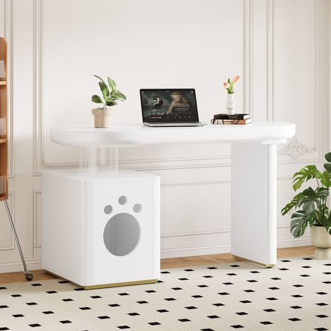 Schreibtisch Gerade mit 1 Offenem Fach, Abgerundeten Kanten, aus Lackiertem MDF für Arbeitszimmer oder Schlafzimmer, 117 × 50 × 76 cm, Weiß