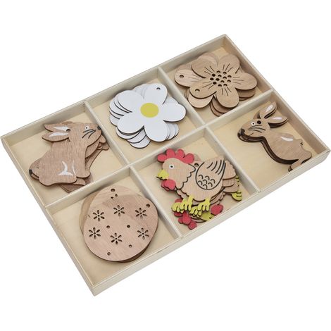 30 décorations de Pâques en bois : lapin, fleur, poule, œufs. Bois robuste, jolies figurines pour vos projets de bricolage. (1/5)